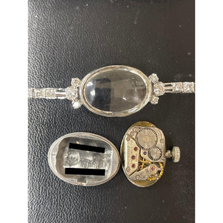 1920 Antique Movado Ladies Oval Peach Dial 14K White Gold Diamond Cocktail Watch