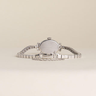 1920 Antique Movado Ladies Oval Peach Dial 14K White Gold Diamond Cocktail Watch