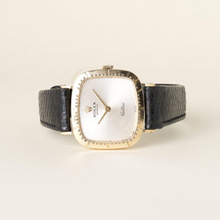 Vintage Rolex Cellini Cushion Dial Black Leather Strap 18K Yellow Gold Watch