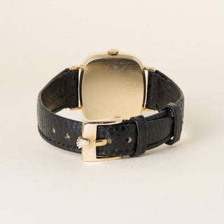 Vintage Rolex Cellini Cushion Dial Black Leather Strap 18K Yellow Gold Watch