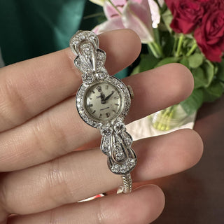 Vintage 1950s Rolex Precision 18K White Gold 2Ct Diamond Cocktail Bracelet Watch