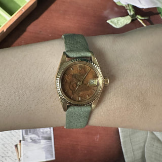 Vintage 18K Rolex Lady Datejust Wood Dial Pistachio Green Leather Strap Watch
