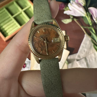 Vintage 18K Rolex Lady Datejust Wood Dial Pistachio Green Leather Strap Watch
