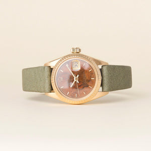 Vintage 18K Rolex Lady Datejust Wood Dial Pistachio Green Leather Strap Watch