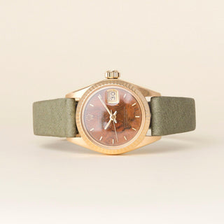 Vintage 18K Rolex Lady Datejust Wood Dial Pistachio Green Leather Strap Watch
