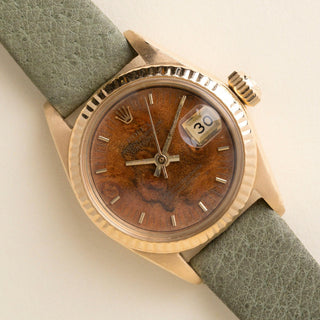 Vintage 18K Rolex Lady Datejust Wood Dial Pistachio Green Leather Strap Watch