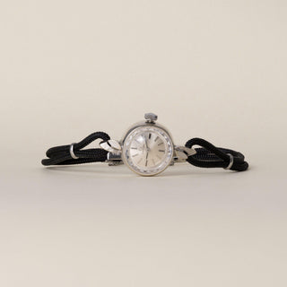 Vintage 1960s Omega 14K White Gold Round Case Black Braided Cord Ladies Watch