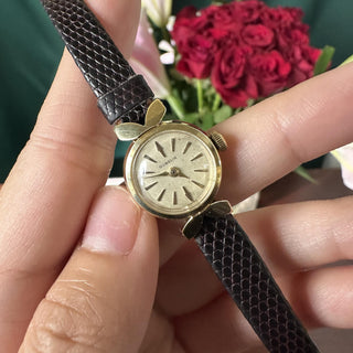 Vintage 1950s 14K Yellow Gold Gubelin Bow-Tie Ladies Watch with Leather Strap
