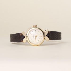 Vintage 1950s 14K Yellow Gold Gubelin Bow-Tie Ladies Watch with Leather Strap