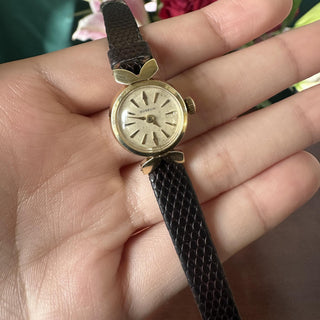 Vintage 1950s 14K Yellow Gold Gubelin Bow-Tie Ladies Watch with Leather Strap