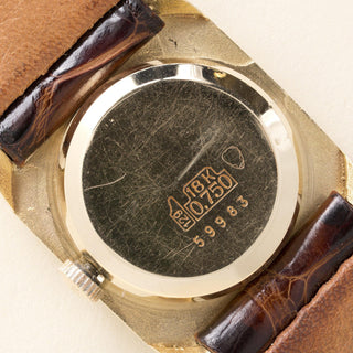 Vintage 18K Bucherer Automatic Square Frame Brown Leather Strap Watch