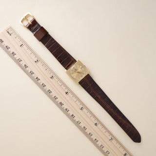 Vintage 18K Bucherer Automatic Square Frame Brown Leather Strap Watch