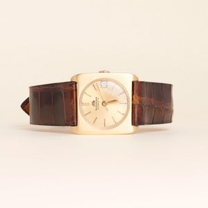 Vintage 18K Bucherer Automatic Square Frame Brown Leather Strap Watch