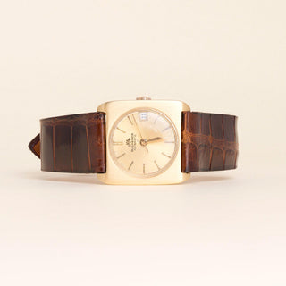 Vintage 18K Bucherer Automatic Square Frame Brown Leather Strap Watch