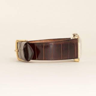 Vintage 18K Bucherer Automatic Square Frame Brown Leather Strap Watch
