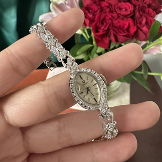 Vintage 1960s Omega 14K White Gold Marquise 2ct Diamond Cocktail Bracelet Watch