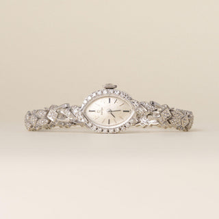 Vintage 1960s Omega 14K White Gold Marquise 2ct Diamond Cocktail Bracelet Watch