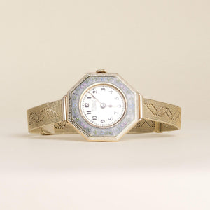 1920s Art Deco E. Gubelin Lucerne 14K Gold  Octagonal Floral Enamel Watch