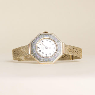 1920s Art Deco E. Gubelin Lucerne 14K Gold  Octagonal Floral Enamel Watch