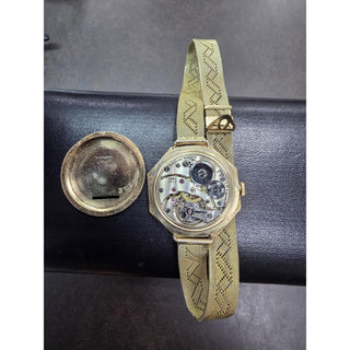 1920s Art Deco E. Gubelin Lucerne 14K Gold  Octagonal Floral Enamel Watch