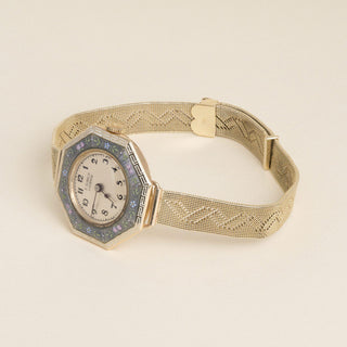 1920s Art Deco E. Gubelin Lucerne 14K Gold  Octagonal Floral Enamel Watch