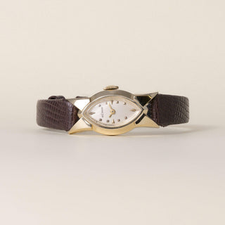 Vintage 14K Jaeger Le Coultre Marquise Dial Brown Leather Strap Watch