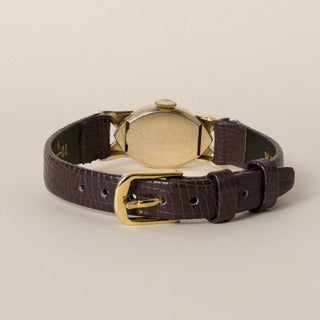 Vintage 14K Jaeger Le Coultre Marquise Dial Brown Leather Strap Watch