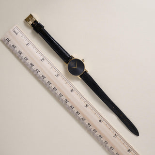 Vintage 18K Gold Baume et Mercier Grey Circle Dial Black Leather Strap Watch
