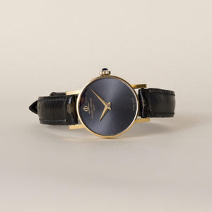 Vintage 18K Gold Baume et Mercier Grey Circle Dial Black Leather Strap Watch