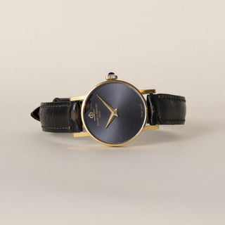 Vintage 18K Gold Baume et Mercier Grey Circle Dial Black Leather Strap Watch