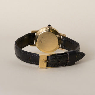 Vintage 18K Gold Baume et Mercier Grey Circle Dial Black Leather Strap Watch