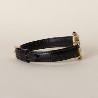 Vintage 18K Gold Baume et Mercier Grey Circle Dial Black Leather Strap Watch