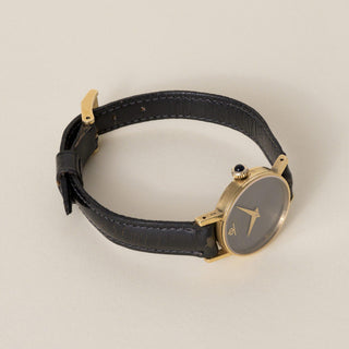 Vintage 18K Gold Baume et Mercier Grey Circle Dial Black Leather Strap Watch