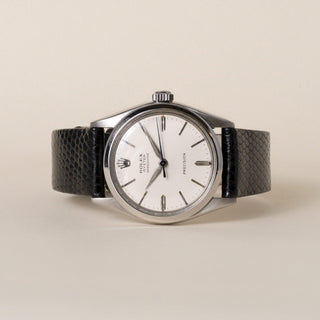 Vintage 1940s Rolex Oyster Speed King Stainless Steel Black Leather Strap Watch