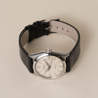 Vintage 1940s Rolex Oyster Speed King Stainless Steel Black Leather Strap Watch