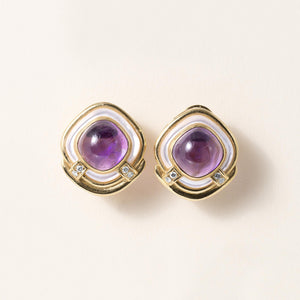 Vintage 1980s Amethyst Cabochon Diamond MOP Clip Earrings Cushion 18K Gold
