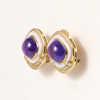 Vintage 1980s Amethyst Cabochon Diamond MOP Clip Earrings Cushion 18K Gold