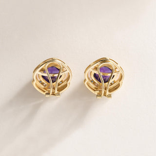 Vintage 1980s Amethyst Cabochon Diamond MOP Clip Earrings Cushion 18K Gold