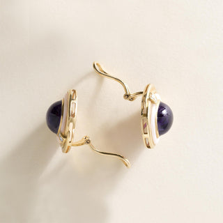 Vintage 1980s Amethyst Cabochon Diamond MOP Clip Earrings Cushion 18K Gold