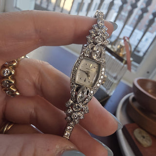 Art Deco Hamilton 14K Gold 5 Carats Marquise Diamond Cocktail Watch