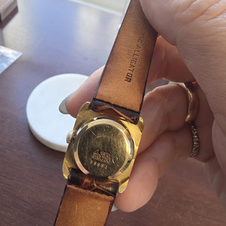 Vintage 18K Bucherer Automatic Square Frame Brown Leather Strap Watch
