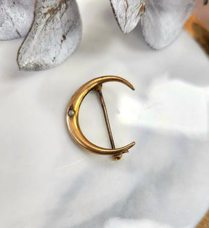 10K Yellow Gold Crescent Moon Seed Pearl Antique Brooch Pin
