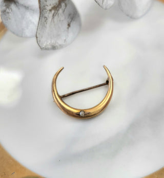 10K Yellow Gold Crescent Moon Seed Pearl Antique Brooch Pin