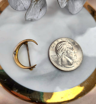 10K Yellow Gold Crescent Moon Seed Pearl Antique Brooch Pin