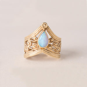 Vintage Opal Pear Shape Princess Crown Ring 12K Yellow Gold