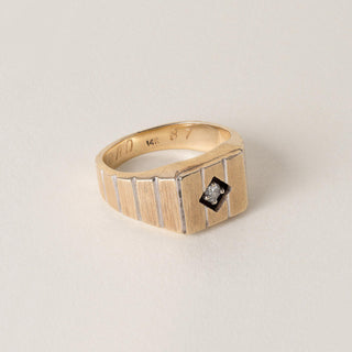 1950s Vintage Modernist Diamond Signet Solitaire Striped Ring 14K Yellow Gold