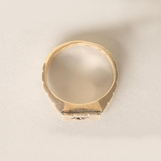 1950s Vintage Modernist Diamond Signet Solitaire Striped Ring 14K Yellow Gold