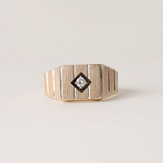 1950s Vintage Modernist Diamond Signet Solitaire Striped Ring 14K Yellow Gold