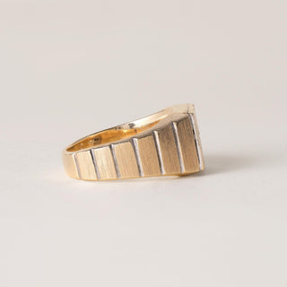 1950s Vintage Modernist Diamond Signet Solitaire Striped Ring 14K Yellow Gold