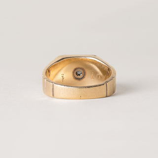 1950s Vintage Modernist Diamond Signet Solitaire Striped Ring 14K Yellow Gold